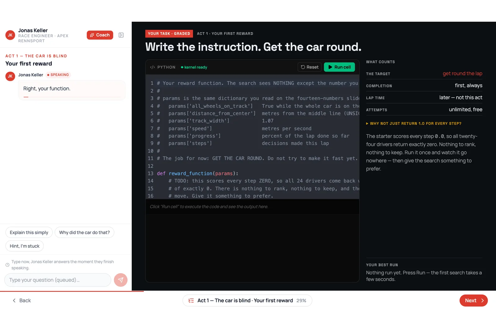 A graded task: a Python reward function in a code cell that runs in the browser, beside a race simulation