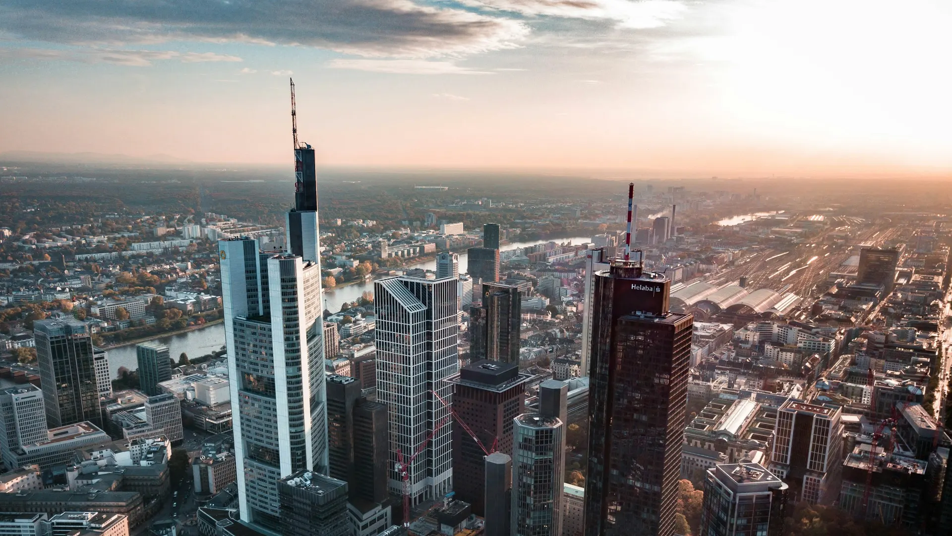 Aerial view of the Frankfurt skyline at golden hour