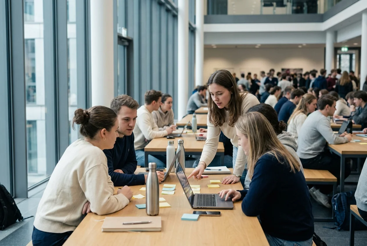 Teams of students at long tables with laptops during a hackathon in a university hall